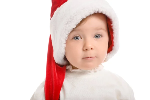 Bonito Bebê Chapéu Papai Noel Fundo Branco — Fotografia de Stock