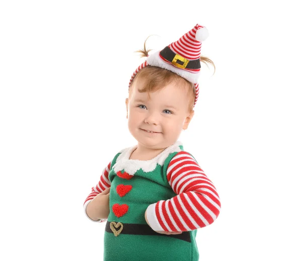 Cute Little Baby Christmas Elf Costume White Background — Stock Photo, Image