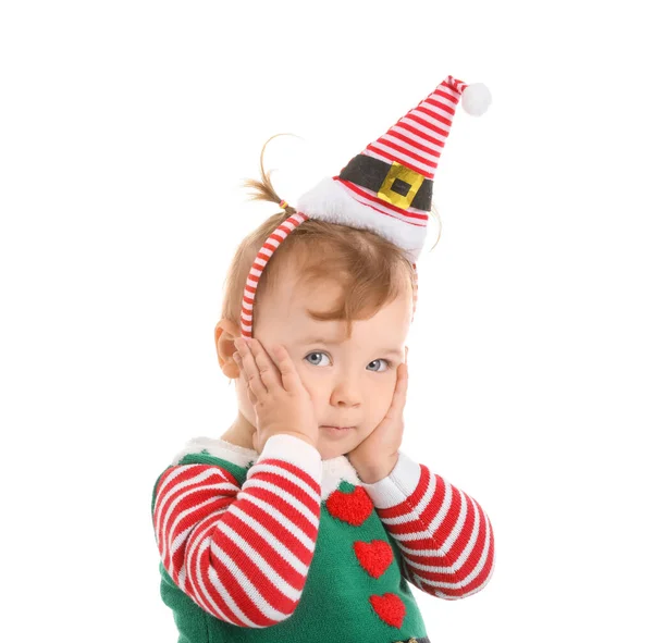 Cute Little Baby Christmas Elf Costume White Background — Stock Photo, Image