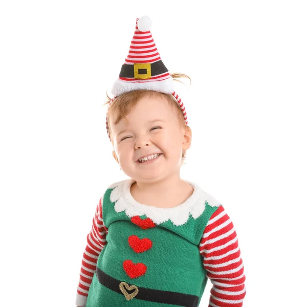 Cute Little Baby Christmas Elf Costume White Background — Stock Photo, Image