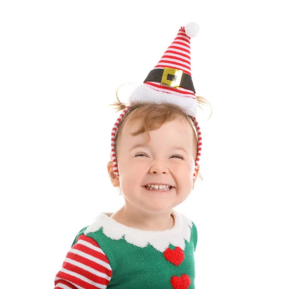 Schattig Klein Baby Kerst Elf Kostuum Witte Achtergrond — Stockfoto