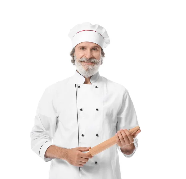 Mature Male Chef Rolling Pin White Background — Stock Photo, Image