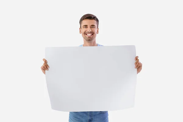 Joven Con Hoja Papel Blanco Sobre Fondo Blanco — Foto de Stock