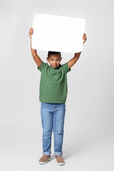 Little African American Boy Blank Poster Light Background — Stock Photo, Image