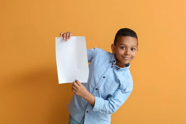 Little African American Boy Blank Paper Sheet Color Background — Stock Photo, Image