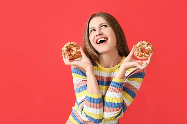 Beautiful Young Woman Sweet Donuts Color Background — Stock Photo, Image