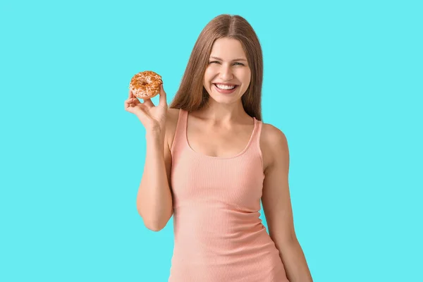 Beautiful Young Woman Sweet Donut Color Background — Stock Photo, Image
