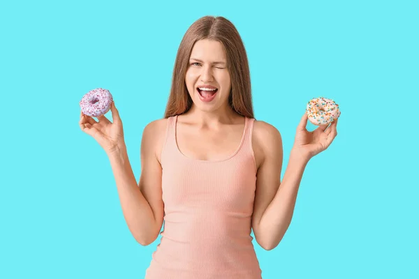 Beautiful Young Woman Sweet Donuts Color Background — Stock Photo, Image