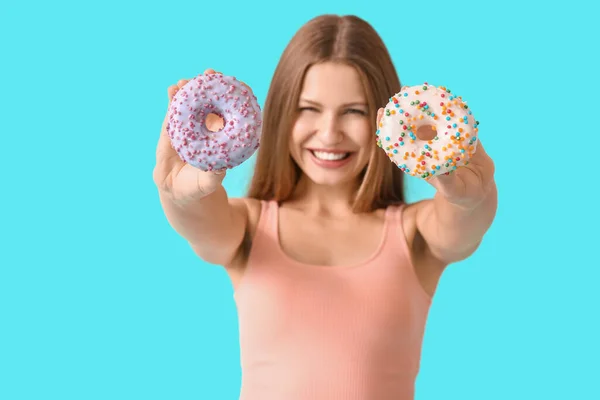 Beautiful Young Woman Sweet Donuts Color Background — Stock Photo, Image