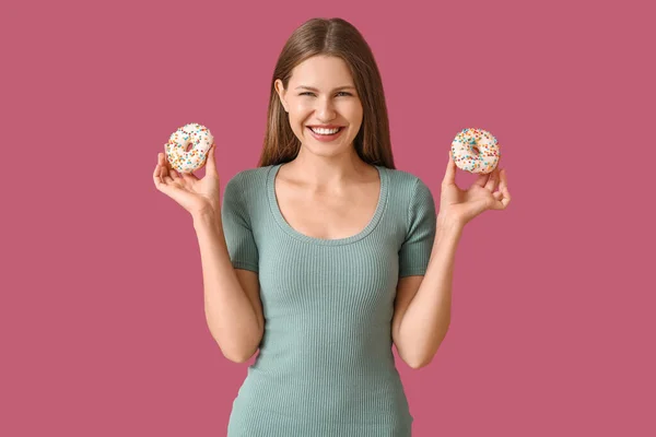 Beautiful Young Woman Sweet Donuts Color Background — Stock Photo, Image