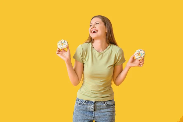 Beautiful Young Woman Sweet Donuts Color Background — Stock Photo, Image