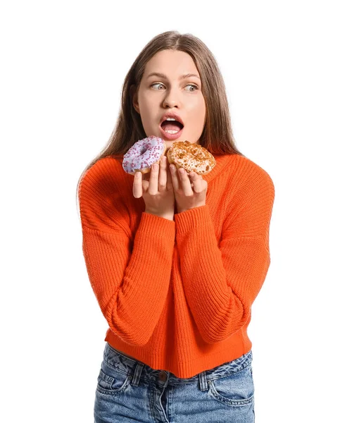 Bella Giovane Donna Con Ciambelle Dolci Sfondo Bianco — Foto Stock