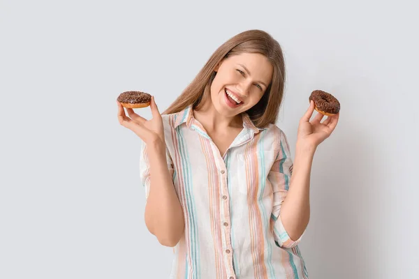 Beautiful Young Woman Sweet Donuts White Background — Stock Photo, Image