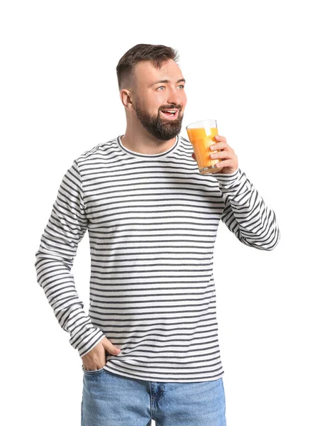 Uomo Con Succo Arancia Sfondo Bianco — Foto Stock