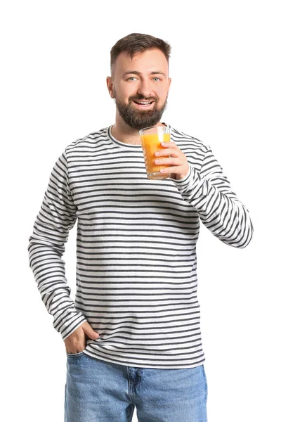 Homem Com Suco Laranja Fundo Branco — Fotografia de Stock