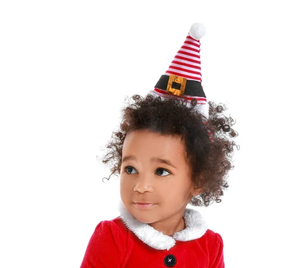 Carino Afro Americano Bambina Vestita Babbo Natale Sfondo Bianco — Foto Stock