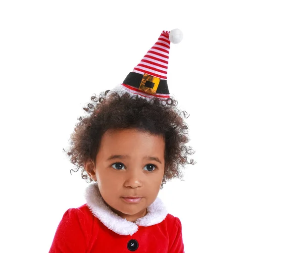 Cute African American Baby Girl Dressed Santa White Background — Stock Photo, Image
