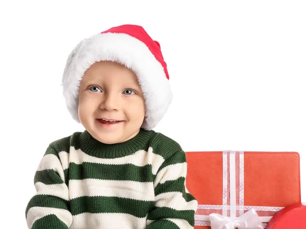 Mignon Petit Bébé Dans Chapeau Père Noël Sur Fond Blanc — Photo