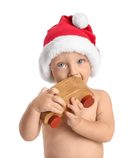 Bebê Bonito Chapéu Papai Noel Com Brinquedo Fundo Branco — Fotografia de Stock