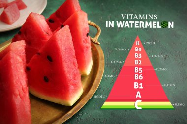 Fresh watermelon with nutrition facts on color background clipart