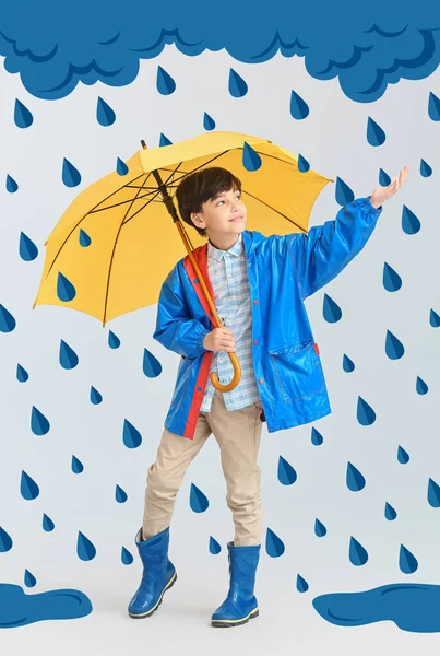 Cute Little Boy Raincoat Umbrella Light Background Drawn Cloud Drops — Stock Photo, Image