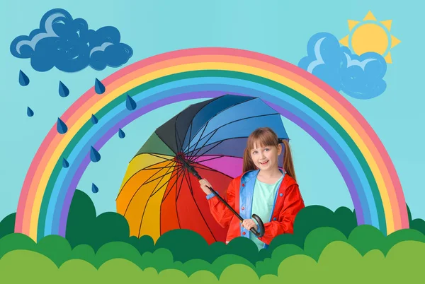 Nettes Kleines Mädchen Regenmantel Und Mit Regenschirm Auf Farbigem Hintergrund — Stockfoto