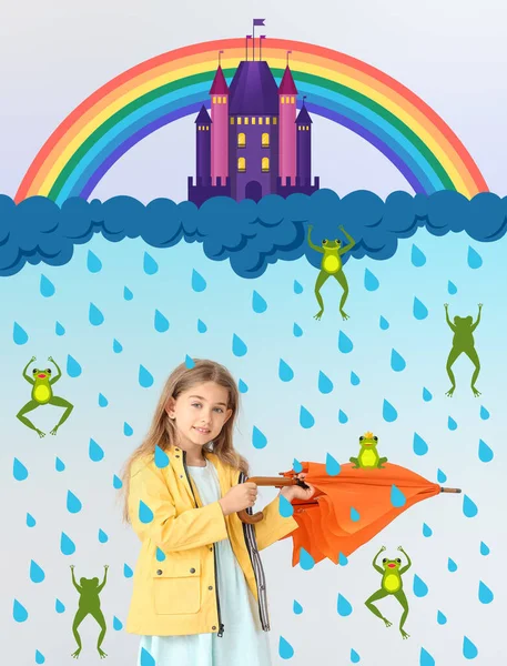 Милая Маленькая Девочка Плаще Зонтиком Сером Фоне Нарисованным Замком Облаками — стоковое фото