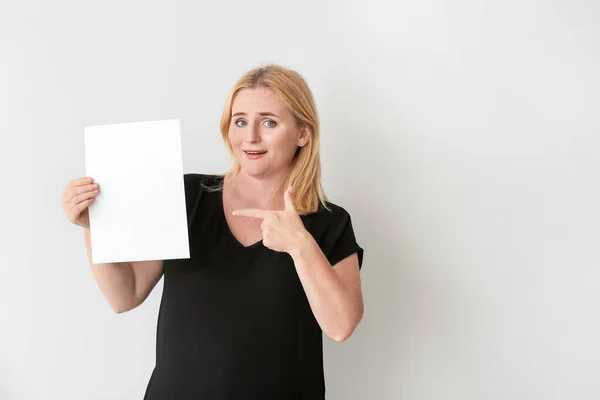 Woman Blank Paper Sheet Grey Background — Stock Photo, Image