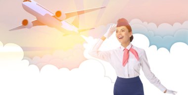 Güzel hostes bulutlu gökyüzüne karşı uçakla