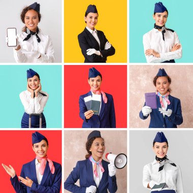 Renkli arka planda farklı güzel hosteslerin kolajı