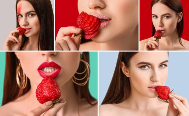 Çilekli seksi genç kadın kolajı 