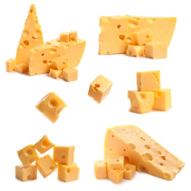 Pieces of tasty cheese on white background clipart