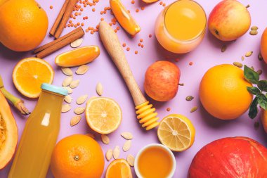 Renkli arka planda yeni ürünler. Diyet kavramı