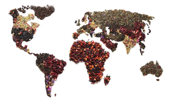 Mapa Mundo Feito Chá Seco Sobre Fundo Branco — Fotografia de Stock