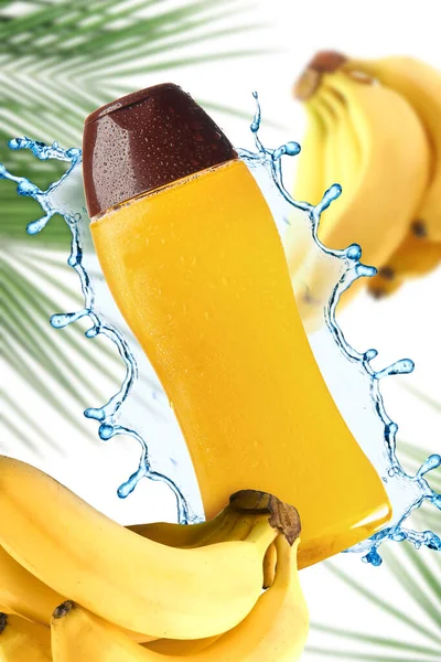 Composition Bottle Shampoo Bananas White Background — Stock Photo, Image