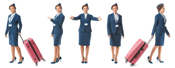 Collage Schöner Afroamerikanischer Stewardessen Auf Weißem Hintergrund — Stockfoto