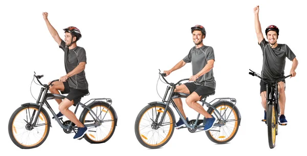Collage Mit Jungem Mann Auf Fahrrad Vor Weißem Hintergrund — Stockfoto