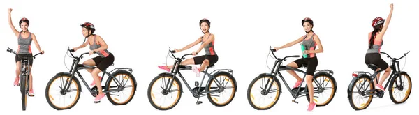 Collage Con Mujer Joven Montando Bicicleta Sobre Fondo Blanco — Foto de Stock