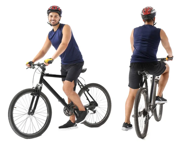 Collage Mit Jungem Mann Auf Fahrrad Vor Weißem Hintergrund — Stockfoto