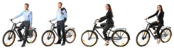 Collage Different Young People Riding Bicycle White Background — Stock Photo, Image