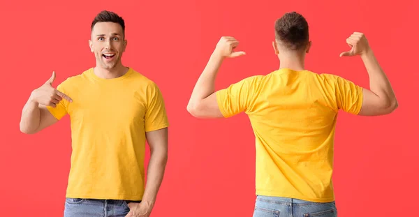 Hombre Con Elegante Camiseta Sobre Fondo Color Vista Frontal Trasera — Foto de Stock