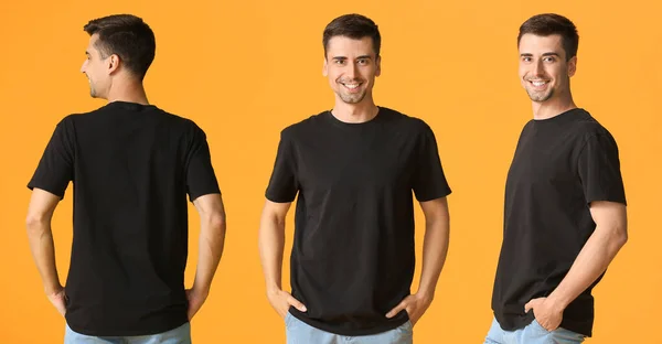 Man Stijlvol Shirt Kleur Achtergrond Voor Zij Achteraanzicht — Stockfoto