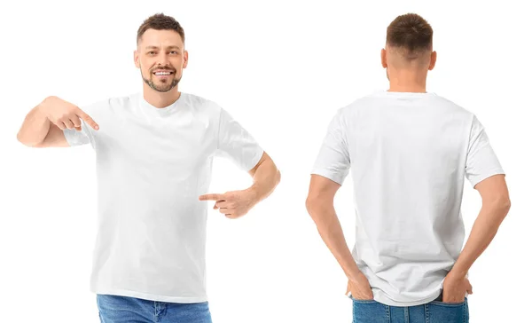 Hombre Con Elegante Camiseta Sobre Fondo Blanco Vista Frontal Trasera — Foto de Stock