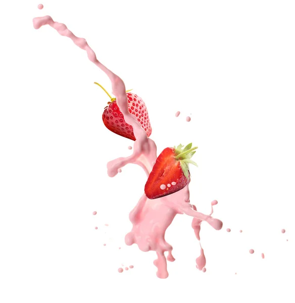 Splash Strawberry Milk Berries White Background — Stock Photo, Image