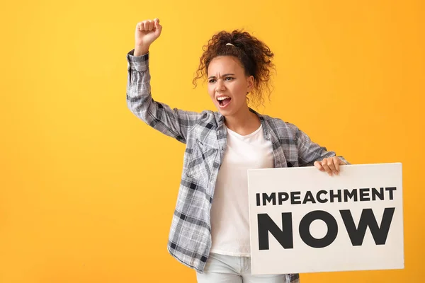 Angry African American Woman Holding Placard Text Impeachment Now Color — Stock Photo, Image