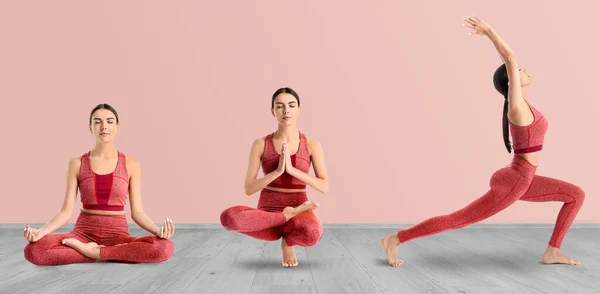 Junge Frauen Praktizieren Yoga Auf Farbigem Hintergrund — Stockfoto