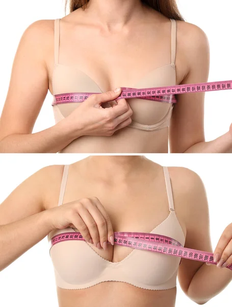 Collage Beautiful Young Woman Measuring Her Breast White Background Plastic — Stock Photo, Image