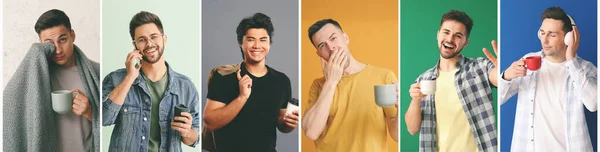 Collage Van Knappe Mannen Met Koppen Koffie Kleur Achtergrond — Stockfoto