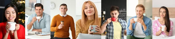 Collage Diferentes Personas Con Tazas Café Interior —  Fotos de Stock
