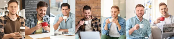 Verschillende Knappe Mannen Met Kopjes Koffie Binnen — Stockfoto